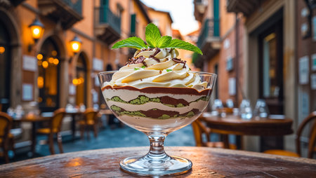 delicious parfait chocolate mint dessert on a table on a street in Italy sunny summer dayの素材