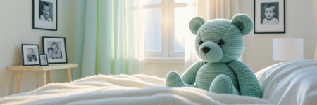 Cute knitted teddy bear toy in children's bedroomの素材