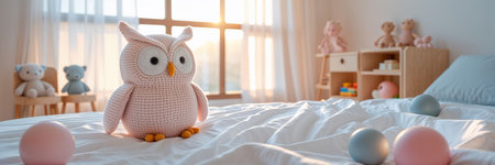 Cute knitted owl toy in a beautiful children's bedroomの素材