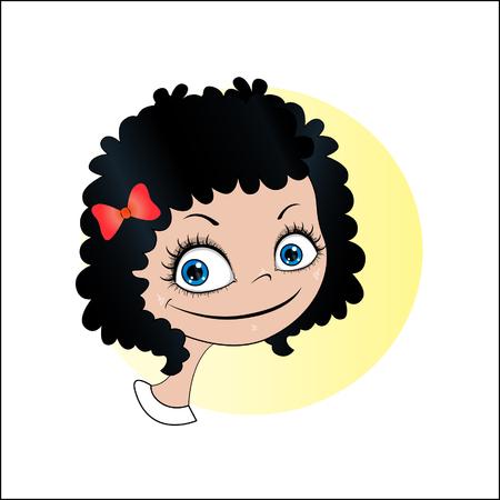 Vector cartoon image of face smiling little girl with black curly hair and with bow on her head.のイラスト素材
