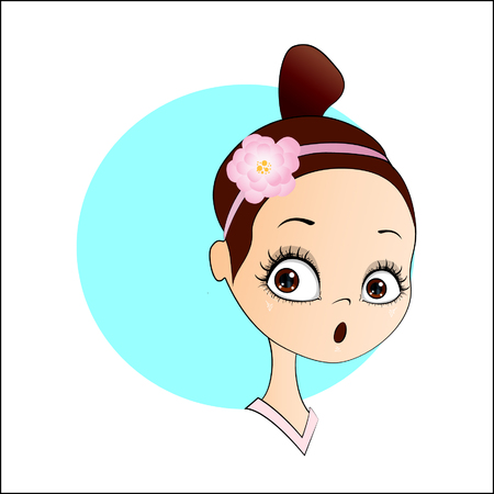 Vector cartoon image of face surprised cute little girl with dark hair and flower on her head.のイラスト素材