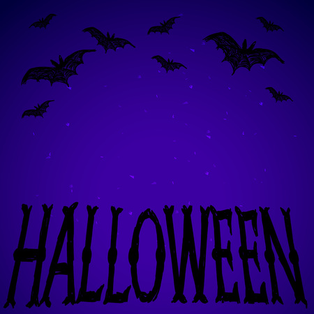 Halloween vector illustration. Bats fly and letters. Drawing and lettering is on dark blue background. This useful to cards, poster, invitations.のイラスト素材