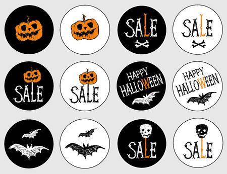 Stickers for the holiday Halloween. Happy Halloween / Sale / Tricl or treat/ Bats fly / Creepy pumpkin / skull / letters. Drawing and lettering is handmade white and black backgroundのイラスト素材
