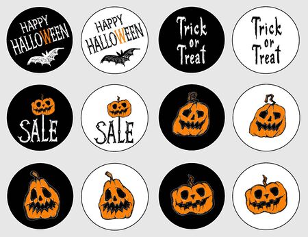 Stickers for the holiday Halloween. Happy Halloween / Sale / Tricl or treat/ Bats fly / Creepy pumpkin / skull / letters. Drawing and lettering is handmade white and black backgroundのイラスト素材