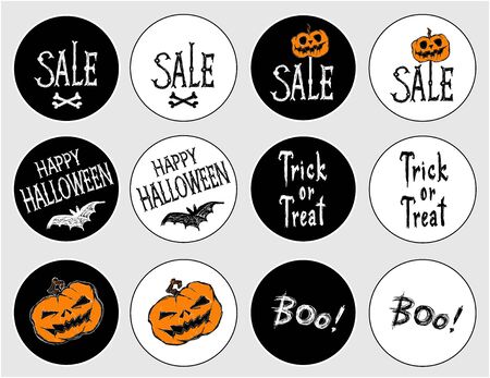 Stickers for the holiday Halloween. Happy Halloween / Sale / Tricl or treat/ Bats fly / Creepy pumpkin / skull / letters. Drawing and lettering is handmade white and black backgroundのイラスト素材