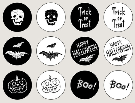 Stickers for the holiday Halloween. Happy Halloween / Sale / Trick or treat / Bats fly / Creepy pumpkin / skull / letters. Drawing and lettering is handmade white and black backgroundのイラスト素材