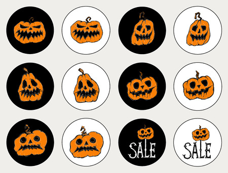 Stickers for the holiday Halloween. Happy Halloween / Sale / Trick or treat / Bats fly / Creepy pumpkin / skull / letters. Drawing and lettering is handmade white and black backgroundのイラスト素材
