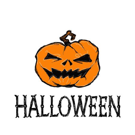 Halloween vector illustration. Creepy pumpkin and letters. Drawing and lettering is handmade on white background. This useful to cards, poster, invitations.のイラスト素材