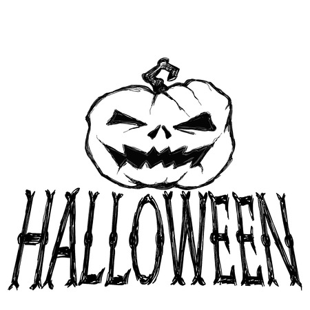 Halloween vector illustration. Creepy pumpkin and letters. Drawing and lettering is handmade white background. This useful to cards, poster, invitations.のイラスト素材