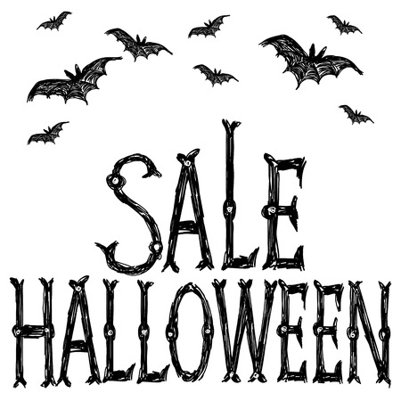 Halloween vector sale poster. Bats fly and letters. Drawing and lettering is handmade on white background. This useful to cards, poster, sale.のイラスト素材