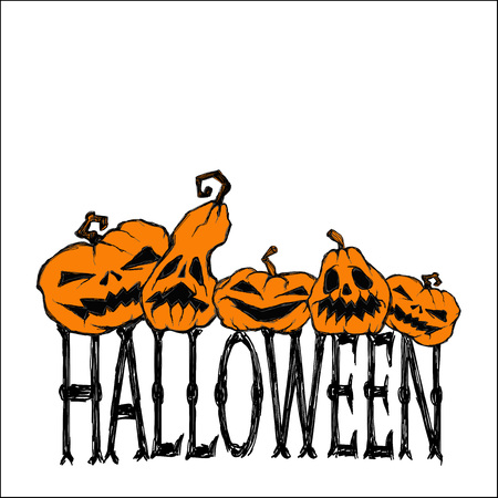 Halloween vector illustration. Creepy pumpkins and letters. Drawing and lettering is handmade on white background. This useful to cards, poster, invitations, sale poster.のイラスト素材