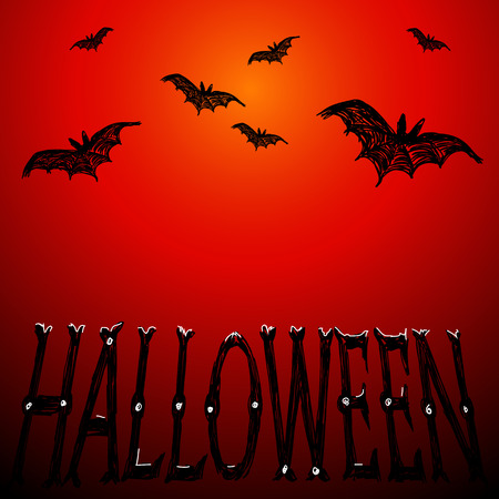 Halloween vector illustration. Bats fly and letters. Drawing and lettering is handmade on dark red background. This useful to cards, poster, invitations.のイラスト素材