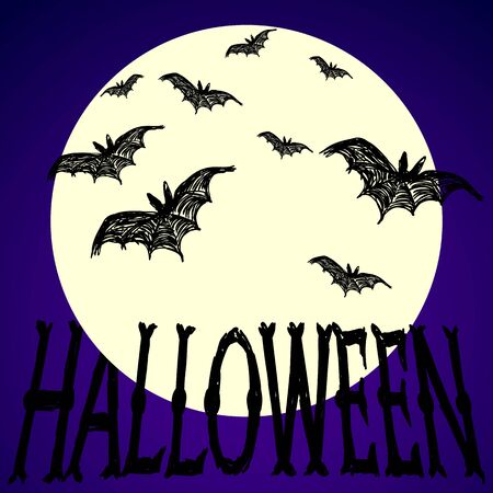 Halloween vector illustration. Bats fly and letters. Drawing and lettering is on dark blue background. This useful to cards, poster, invitations.のイラスト素材
