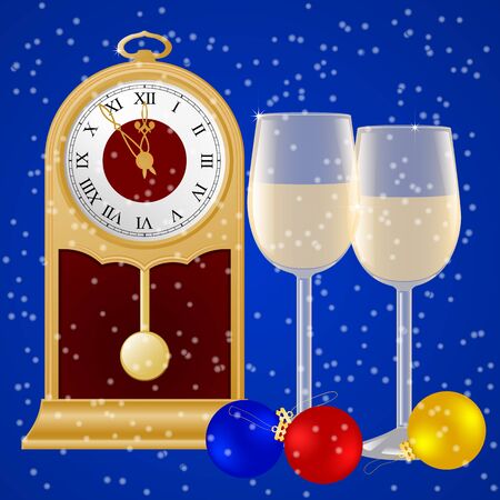 Pendulum clocks glasses of champagne and Christmas ballsのイラスト素材