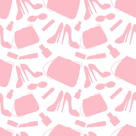 Cute seamless pattern with fashion accessories: handbag, shoes, sunny glasses, lipstick, nail polish.のイラスト素材