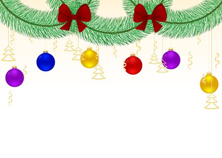 Garland of fir branches with red bows and hanging. Design of holiday greeting cards, calendars, banners, posters, invitations. Happy New Year.のイラスト素材