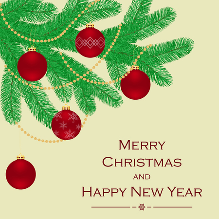 A branch of a Christmas tree, decorated with Christmas balls and beads. Greeting card or invitation. Merry Christmas and a happy new year. Element for design.のイラスト素材