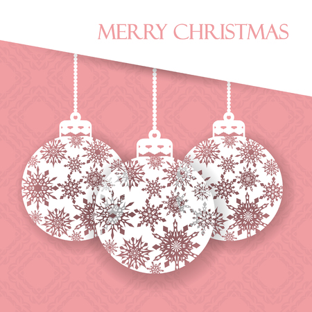 Beautiful gift card with hanging Christmas balls. Merry Christmas and Happy New Year. Elegant background for New Year`s design. Vector illustration.のイラスト素材