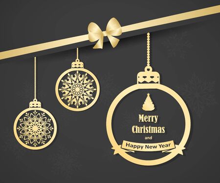 Christmas card with gold hanging christmas balls and bow.のイラスト素材