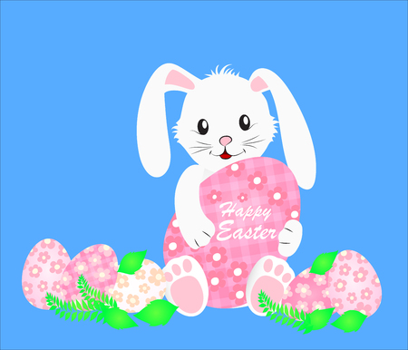 Cute white rabbit and colorful Easter eggs. Vector illustration.のイラスト素材