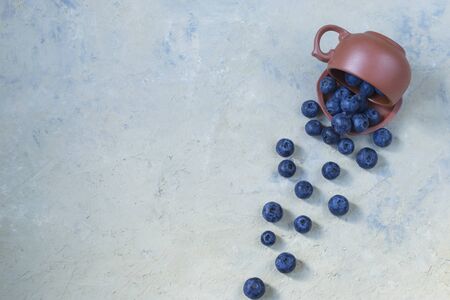 Blueberries for a healthy diet in a clay cup on a light background. Top view with copy space. Horizontal position.の写真素材
