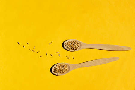 Cereal crop on a yellow background. Wooden spoons with hard shadows. Natural raw materials for food. Copy space.の写真素材