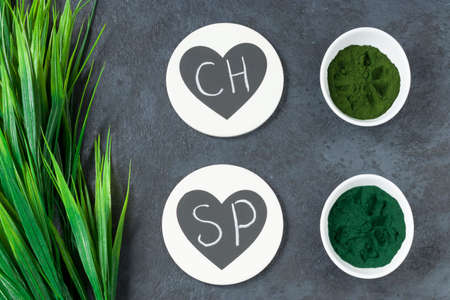 Chlorella and spirulina powder on a dark background. A green superfood for a vegetarian diet. Chalk...