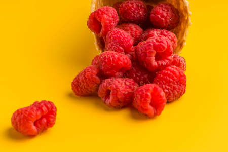 Delicious and juicy raspberries in a waffle cone for ice cream on a yellow background. Summer, freshness and vegetarianism concept. Close-upの写真素材