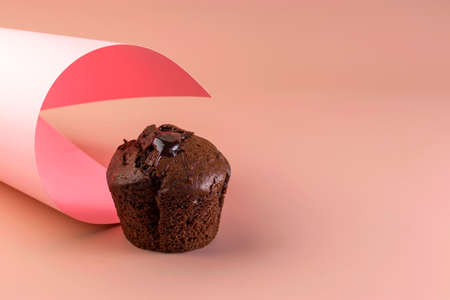 Homemade chocolate muffin on a pink background. Food geometric trend. Creative minimalist food design. Copy spaceの写真素材