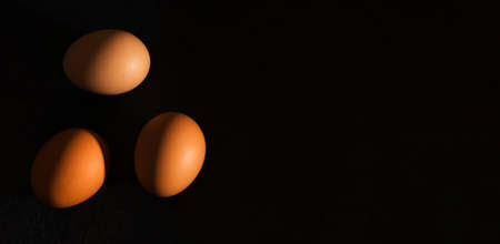 natural home product banner. Fresh brown eggs with hard shadows on a dark background. minimalism. top view. copy spaceの写真素材