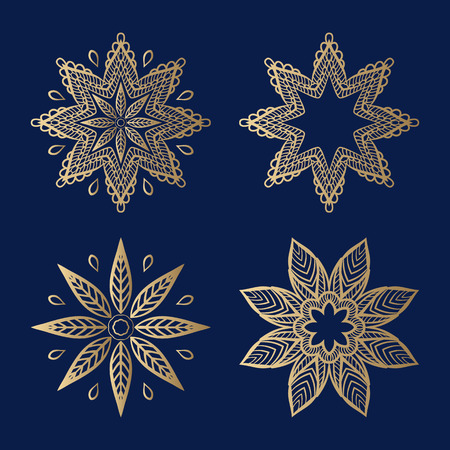 Set of decorative elements in the form of stylized flowers with a golden hue. Stars, asters, flowers 8 rays. Harmony, luck, protection symbol.のイラスト素材