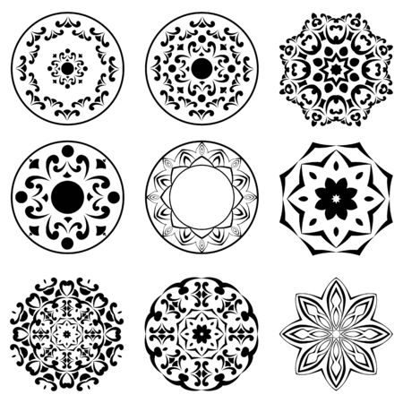 Set of four decorative round element in vintage style. Elements for design of cards, invitations, books, magazines and other printed materials.のイラスト素材