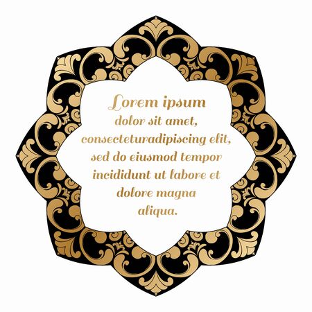 Decorative round element with a gold baroque pattern on a black background.のイラスト素材