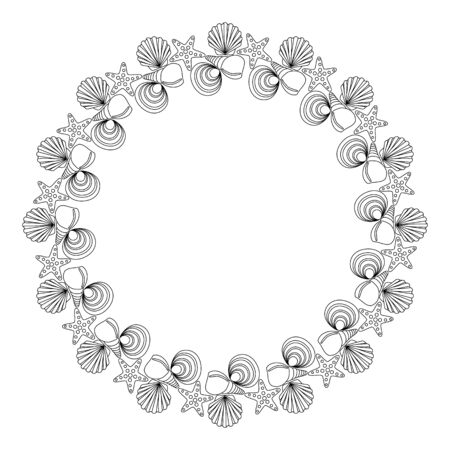 Round frame from various shells outline drawing for coloring.のイラスト素材