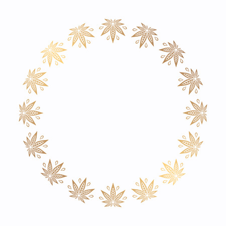 Round gold frame of cannabis. Border of stylized hemp leaf to create promotional products, logos, decoration items.のイラスト素材