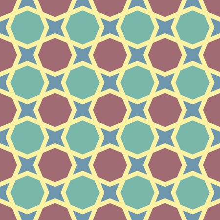 Seamless pattern in retro style with simple geometric shapes. Mosaic of the four-pointed stars and octagons in pastel colors with brown and turquoise.のイラスト素材