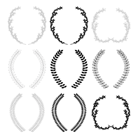 Set of black silhouette circular laurel wreath. Design element for construction of medals, awards, coat of arms or anniversary.のイラスト素材