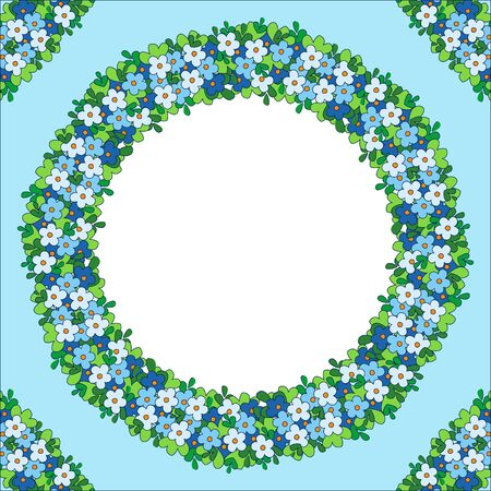 Round colorful frame of flowers. The border with green leaves and blue flowers.のイラスト素材