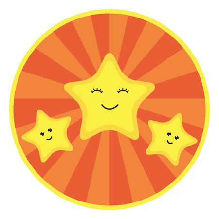 Round sticker with an orange radial background and three yellow stars in cartoon style.のイラスト素材
