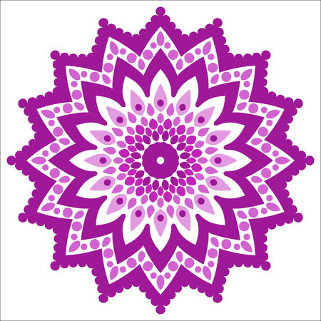 Bright circular ornament consists of simple shapes. Stylized ethnic motive. Mandala in purple colors.のイラスト素材