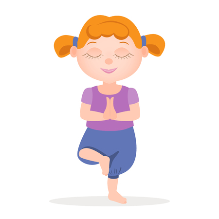 Yoga kids. Girl in the pose of a tree. Sport and a healthy lifestyle.のイラスト素材