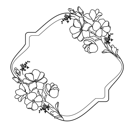 Black and white elegant frame with flowers. A decorative element with plant elements and a zone for text. Label or vignette with flowers.のイラスト素材
