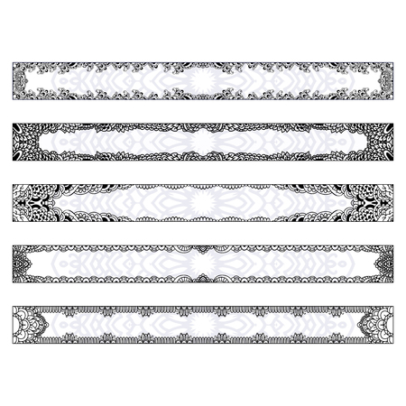 4 horizontal elegant banners with edging in the style of hand drawn doodles. Templates set Boho style long rectangular frame.のイラスト素材