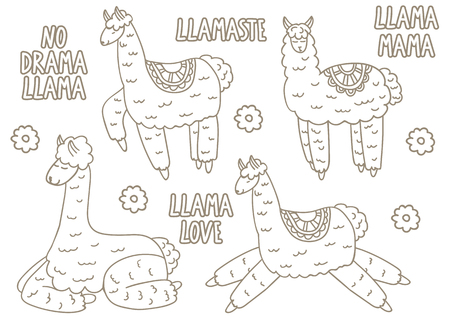 Lama. A set of cute llamas. Hand drawing style. Ideal for children's products, postcards, stickers.のイラスト素材