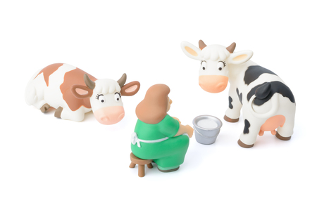 Woman hand milking cows Isolated on white Farm animal toyの写真素材