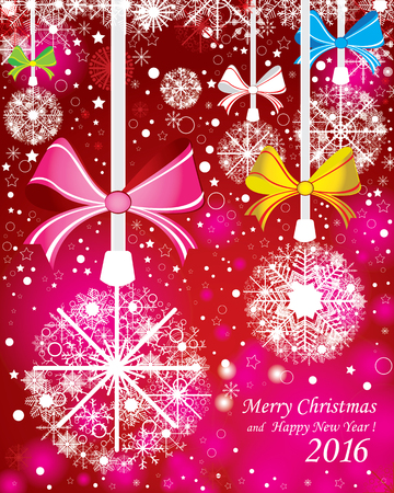 Merry Christmas and Happy New Year 2016 background. With  the color full snow with decorations on the red background.のイラスト素材