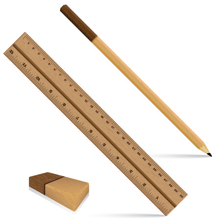 Pencil ruler and eraser on a wooden design. Ruler and pencil with eraser for wooden texture isolated on white background. Object tool.のイラスト素材