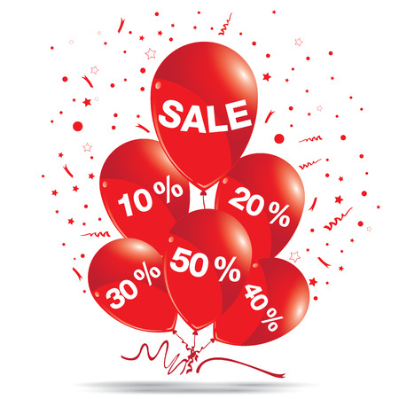 Red balloons with sale isolated on white background. Discount for sale on a balloons concept.のイラスト素材