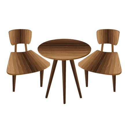 Table and two chair on a white background. Wooden Furniture. Table and stool.のイラスト素材
