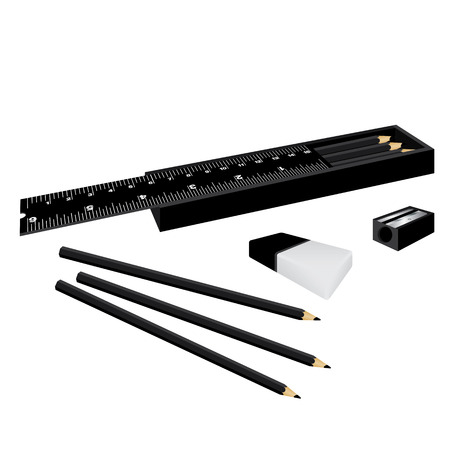 Drawing black box set. Black color ruler and pencil, eraser with sharpener on white background.のイラスト素材